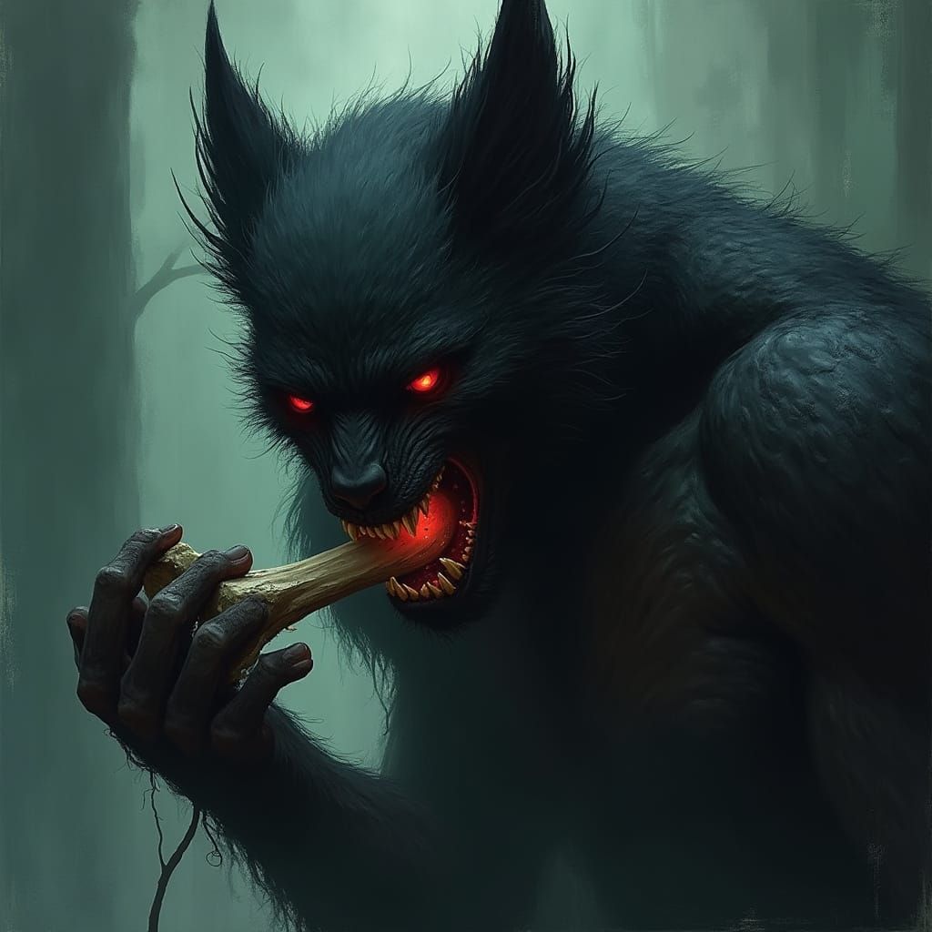 Wolverine Devouring Bone in Dark Fantasy Style
