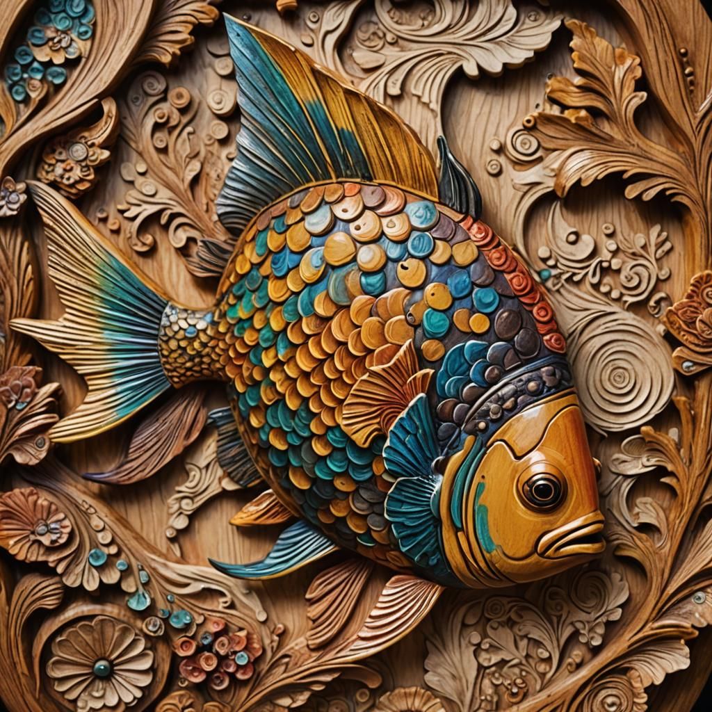 Intricately Carved Colorful Wooden Fish Close-Up