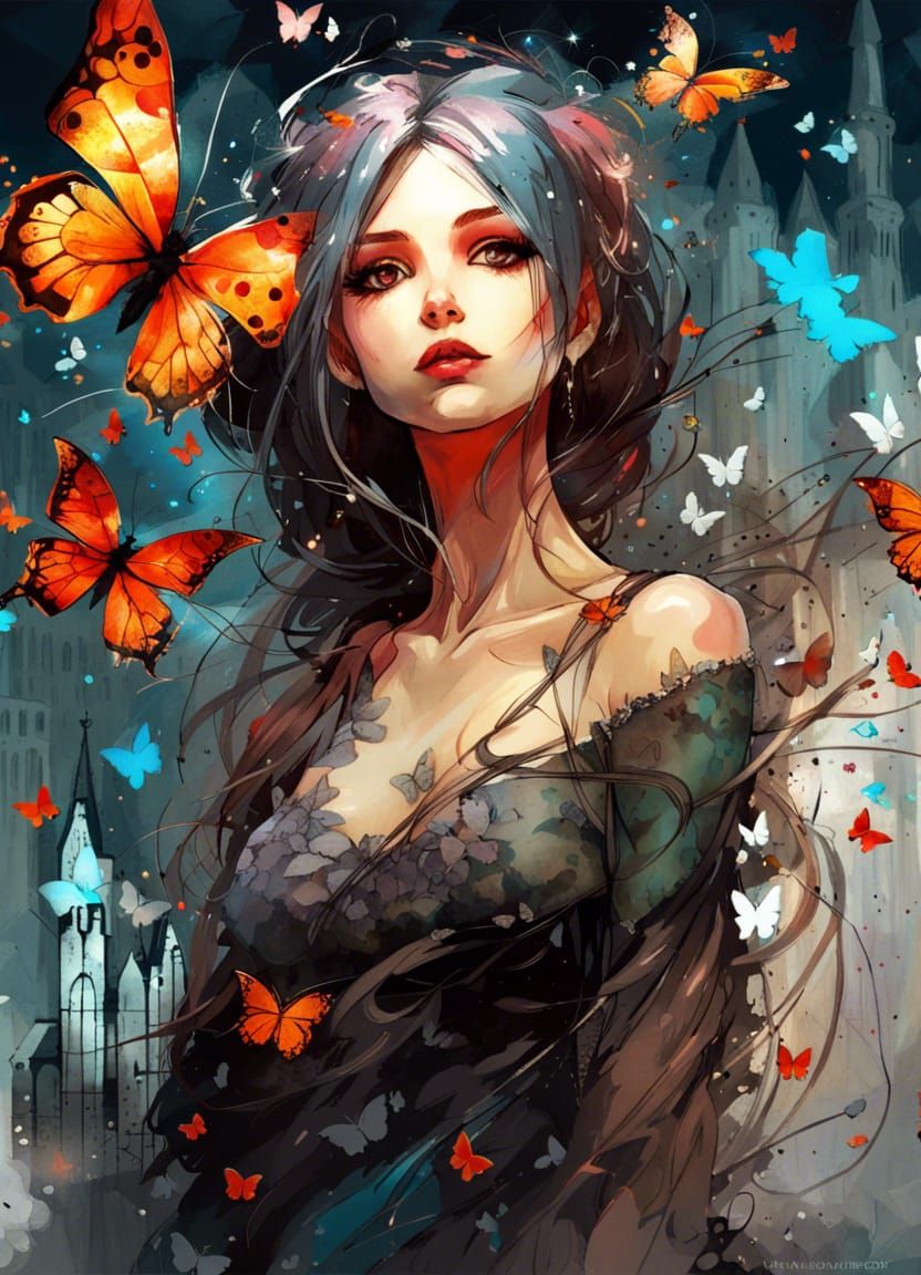 Gothic Anime Woman with Butterflies and Castle