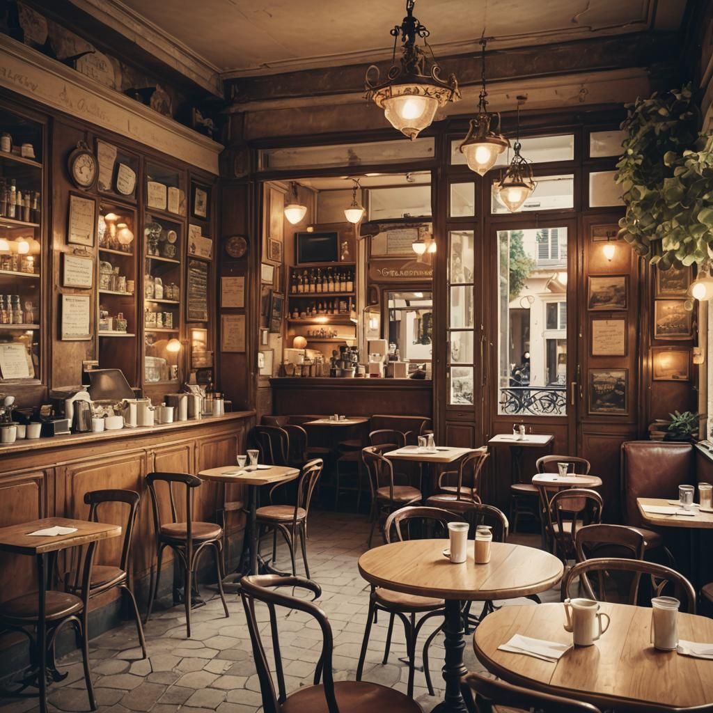 Vintage French Cafe Interior at Evening