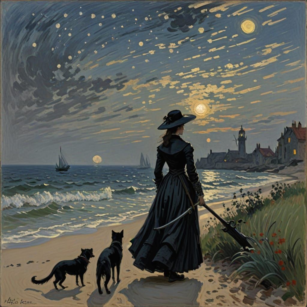 Dark Guardian Protects Girl on Seashore Under Shattering Sky