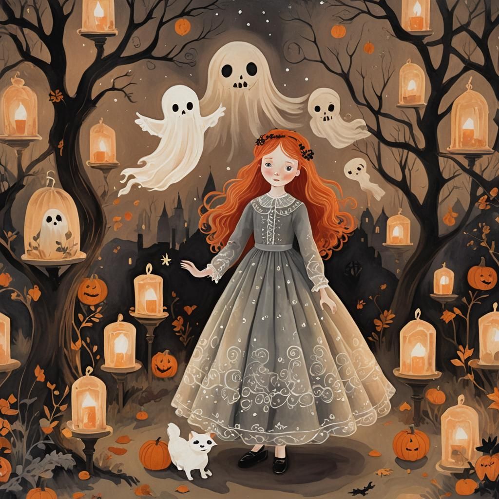 Girl and Ghost: A Folk Art Halloween Scene