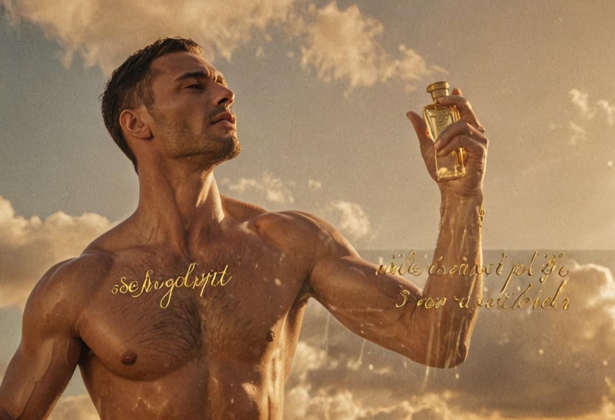 Muscular Man Sprays Perfume in Golden Light