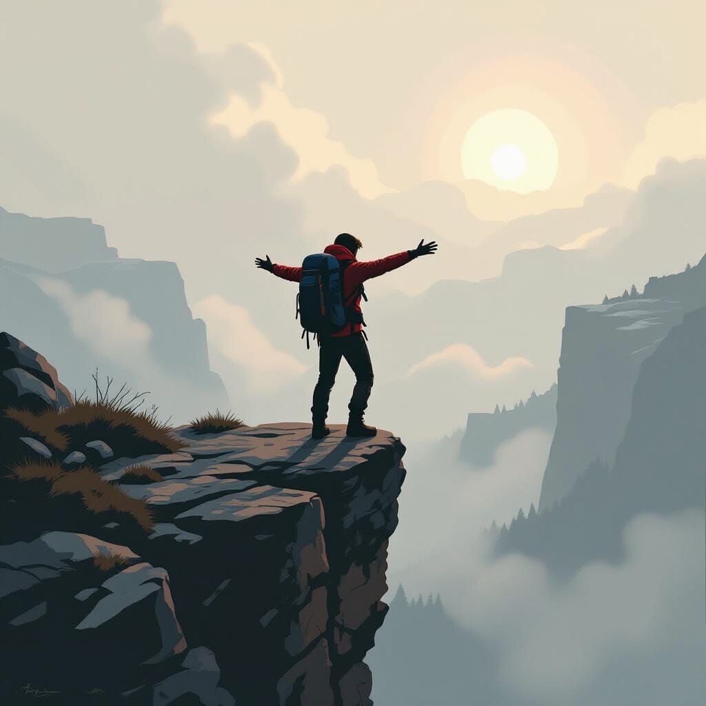 Hiker at Cliff Edge in Retro Sci-Fi Style