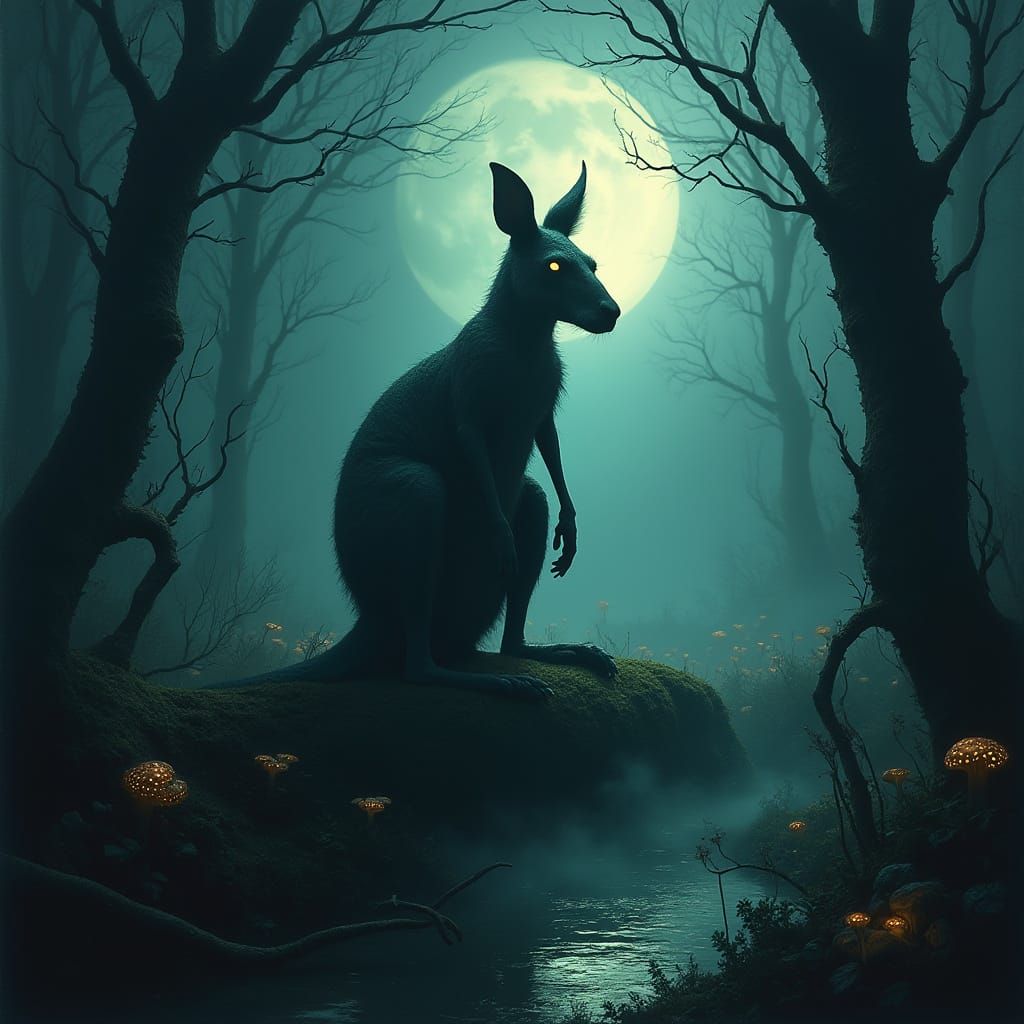 Moonlit Swamp: Spectral Kangaroo in Beksiński Style