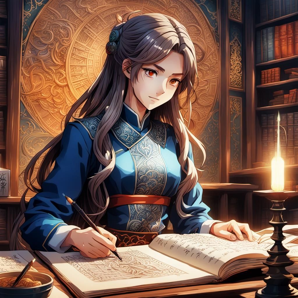 Woman Reading Calligraphy in Anime Style