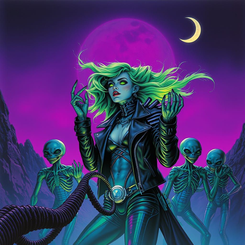Cyborg Witch Summons Aliens: Biomechanical Cyberpunk Art