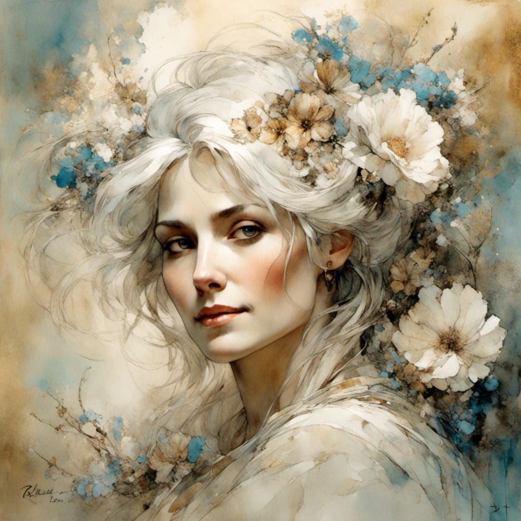 Art Nouveau Portrait of Woman with Flowers