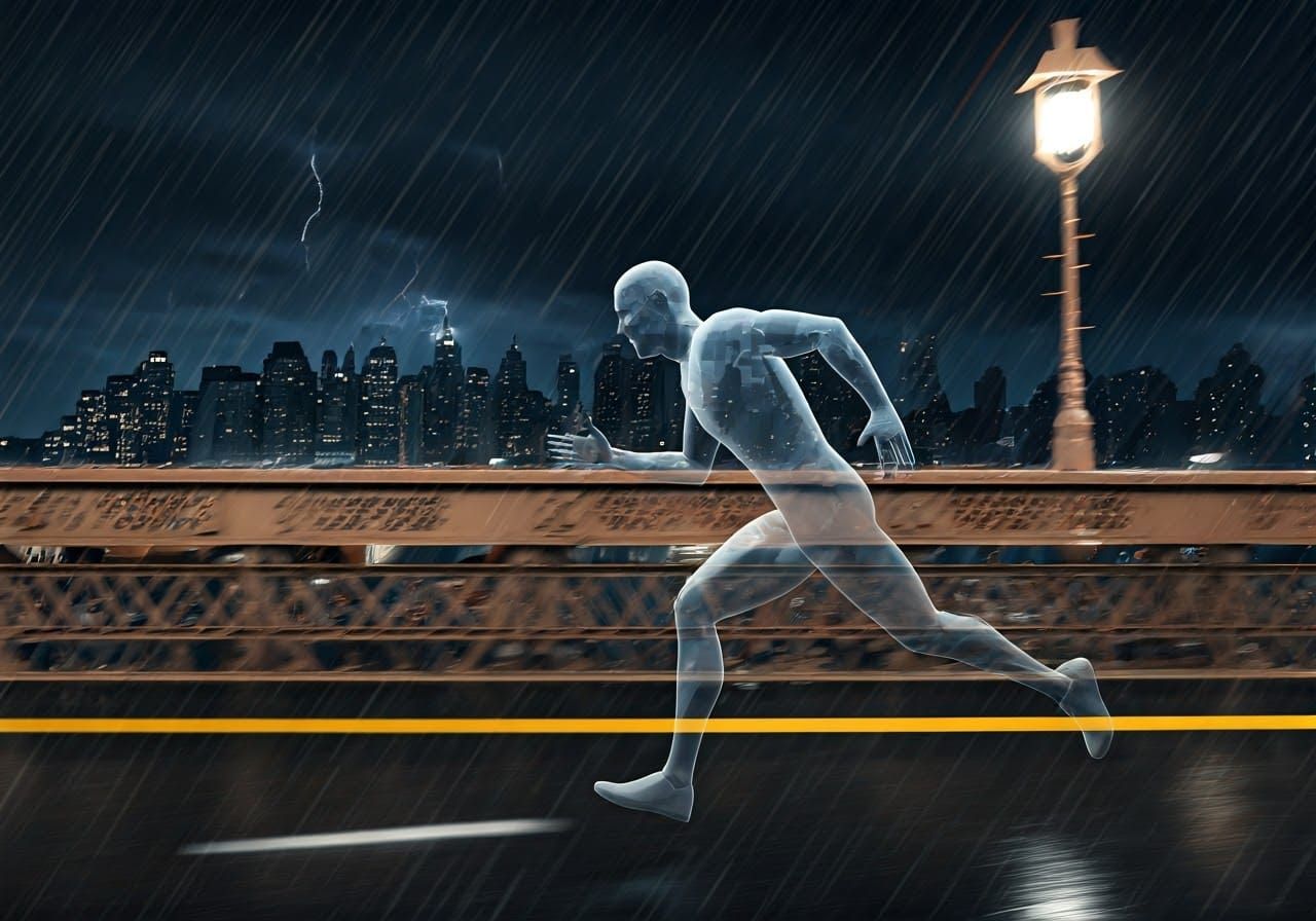Gritty Low-Poly Figure Sprints through Rainy New York Storm