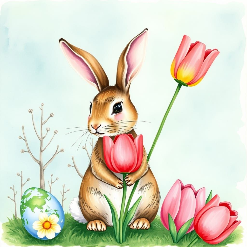 Springtime Whimsy: A Watercolor Rabbit in a Globe-Topped Gar...