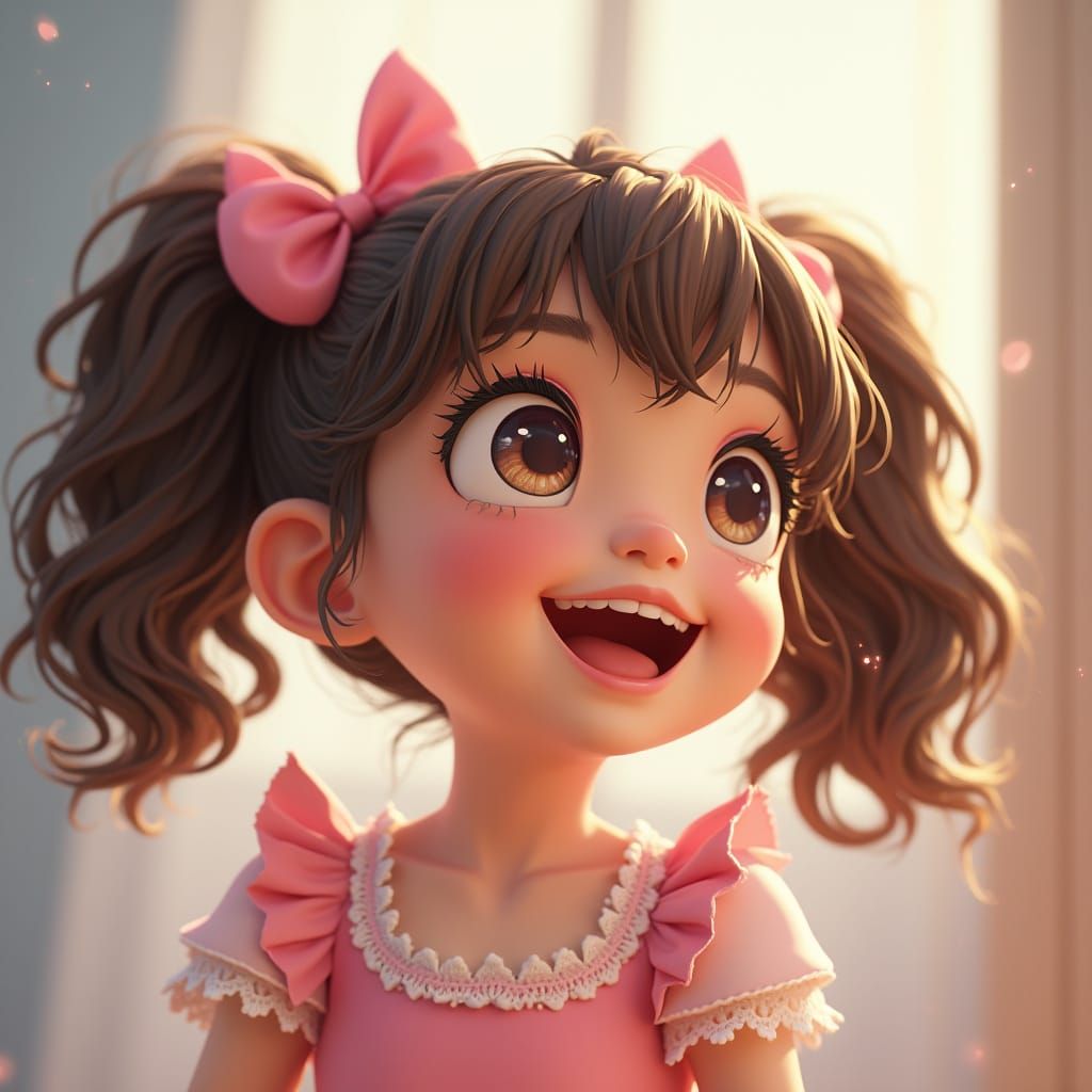 Innocent Girl Looks Up with Joyful Smile in Hyper-Realistic ...