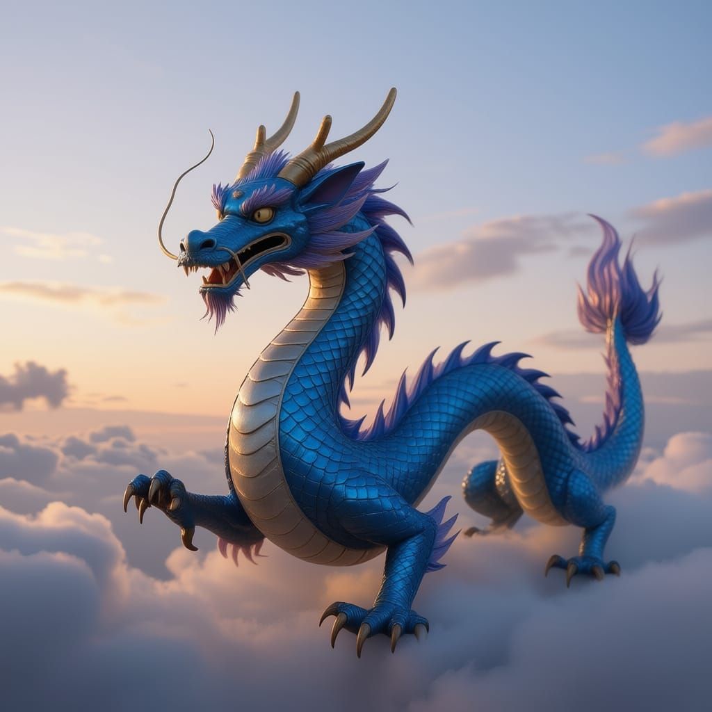 Realistic Blue Chinese Dragon Serpent Above Clouds