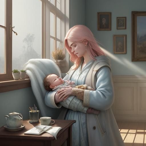 Mother and Child in Sunlight, Oil Painting