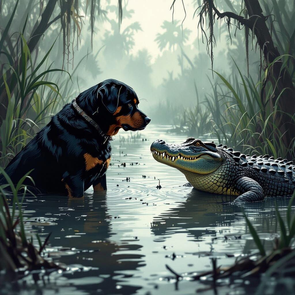 Rottweiler Confronts Crocodile in Murky Swamp