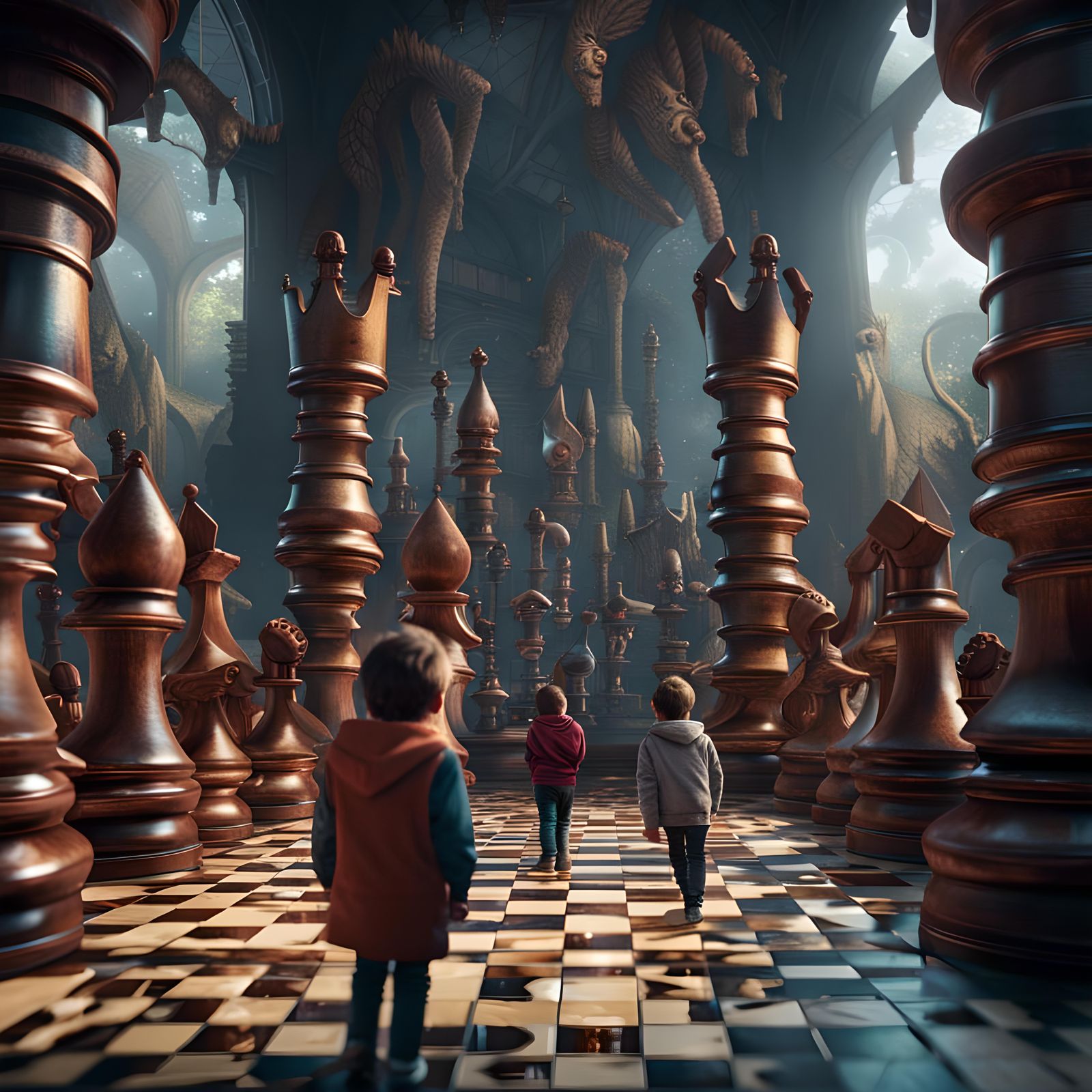Children Explore Giant Chess Game: Fantasy Concept Art