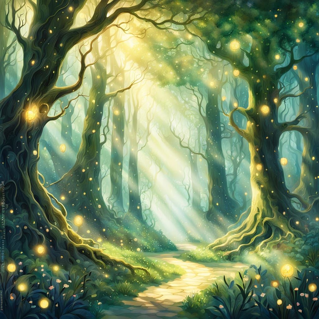 Mystical Forest Landscape in Watercolor Style