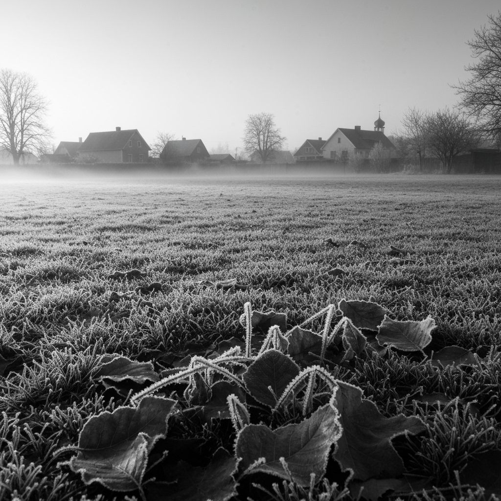Monochromatic Frosty Dawn Landscape with Houses