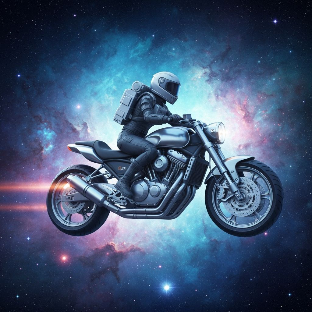 Astronaut Riding Motorcycle Through Cosmic Nebula