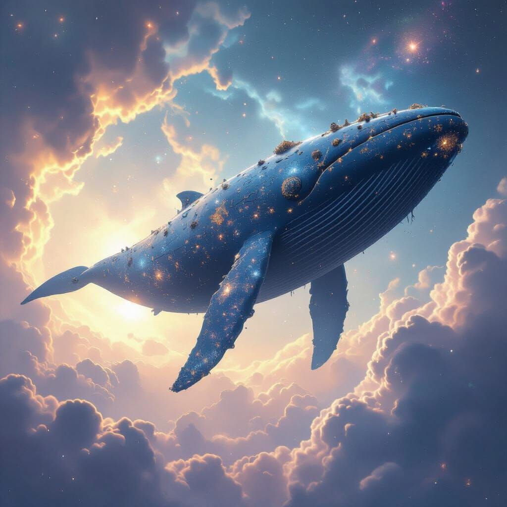 Cosmic Whale Drifting Through Swirling Galaxies