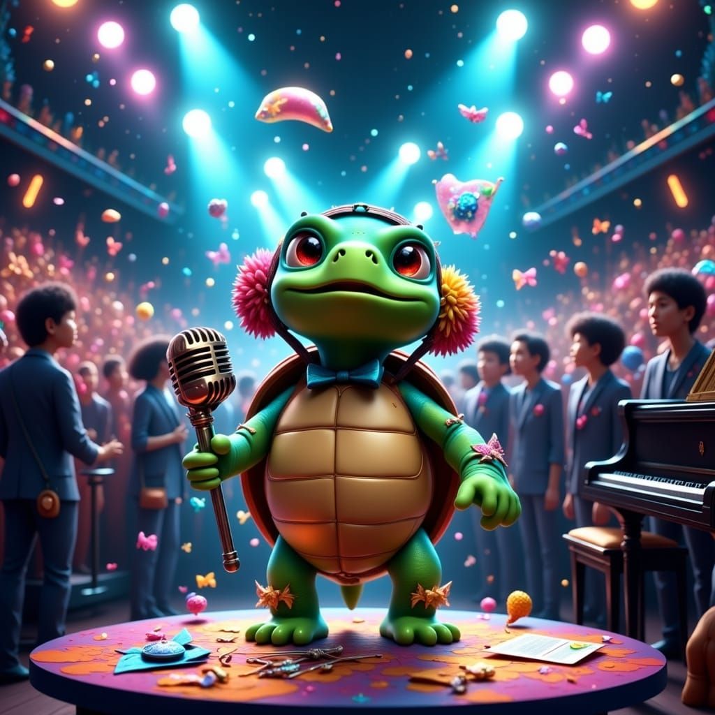 Singing Turtle on Piano in Surrealist Style