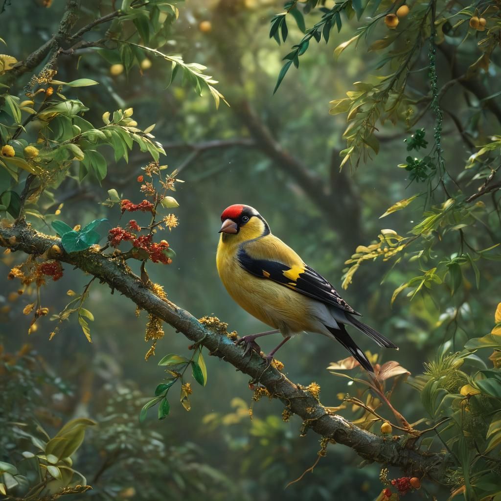 Mystical Goldfinch in Emerald Paradise