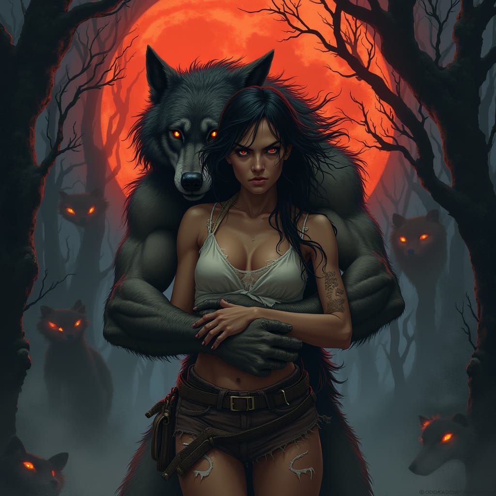 Sensual Werewolf Encounter Under Blood-Red Moon