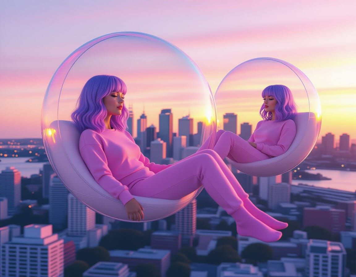 Pastel Sunset Over Sydney: Girls in Flying Bubbles