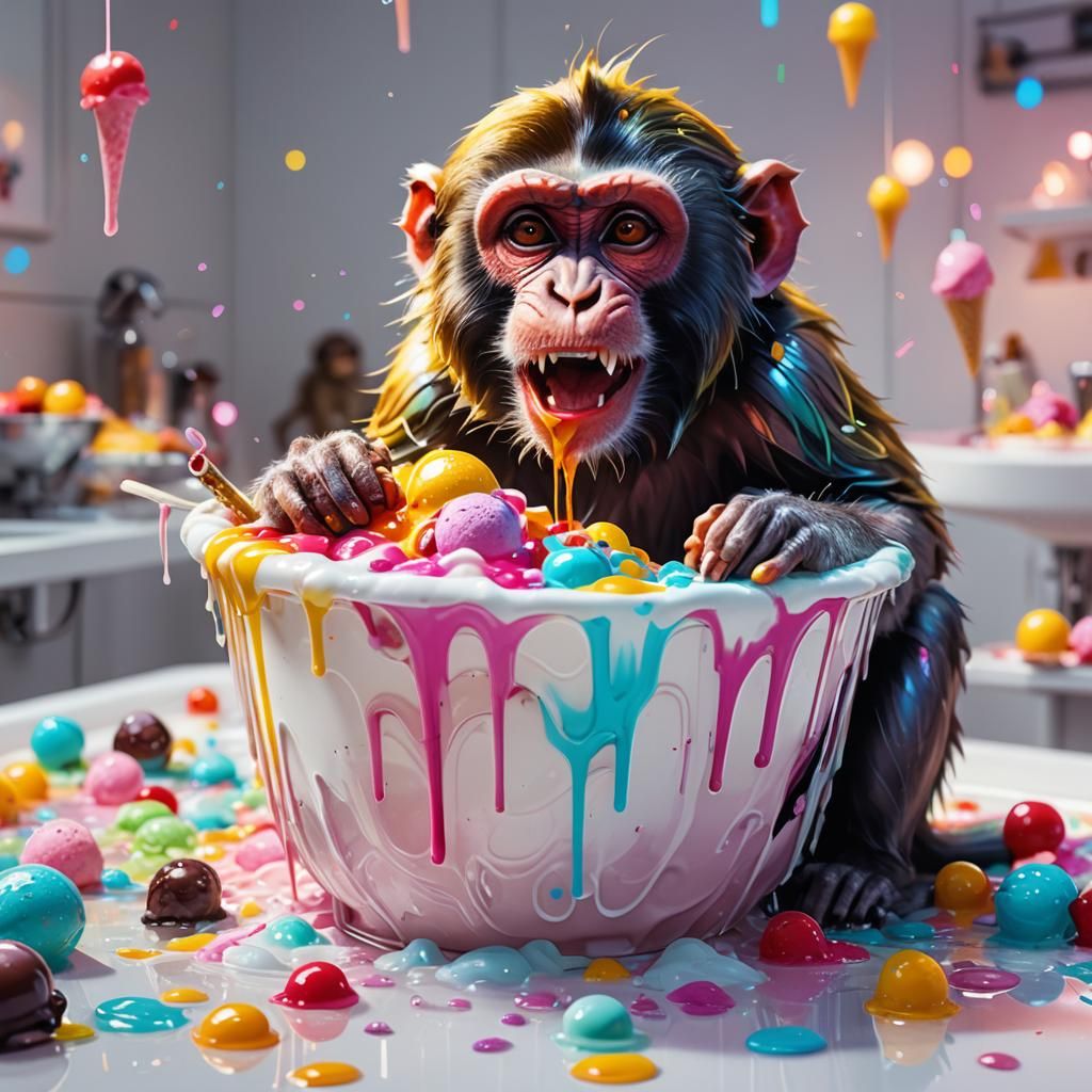 Monkey Bathes in Ice Cream: Digital Art Masterpiece
