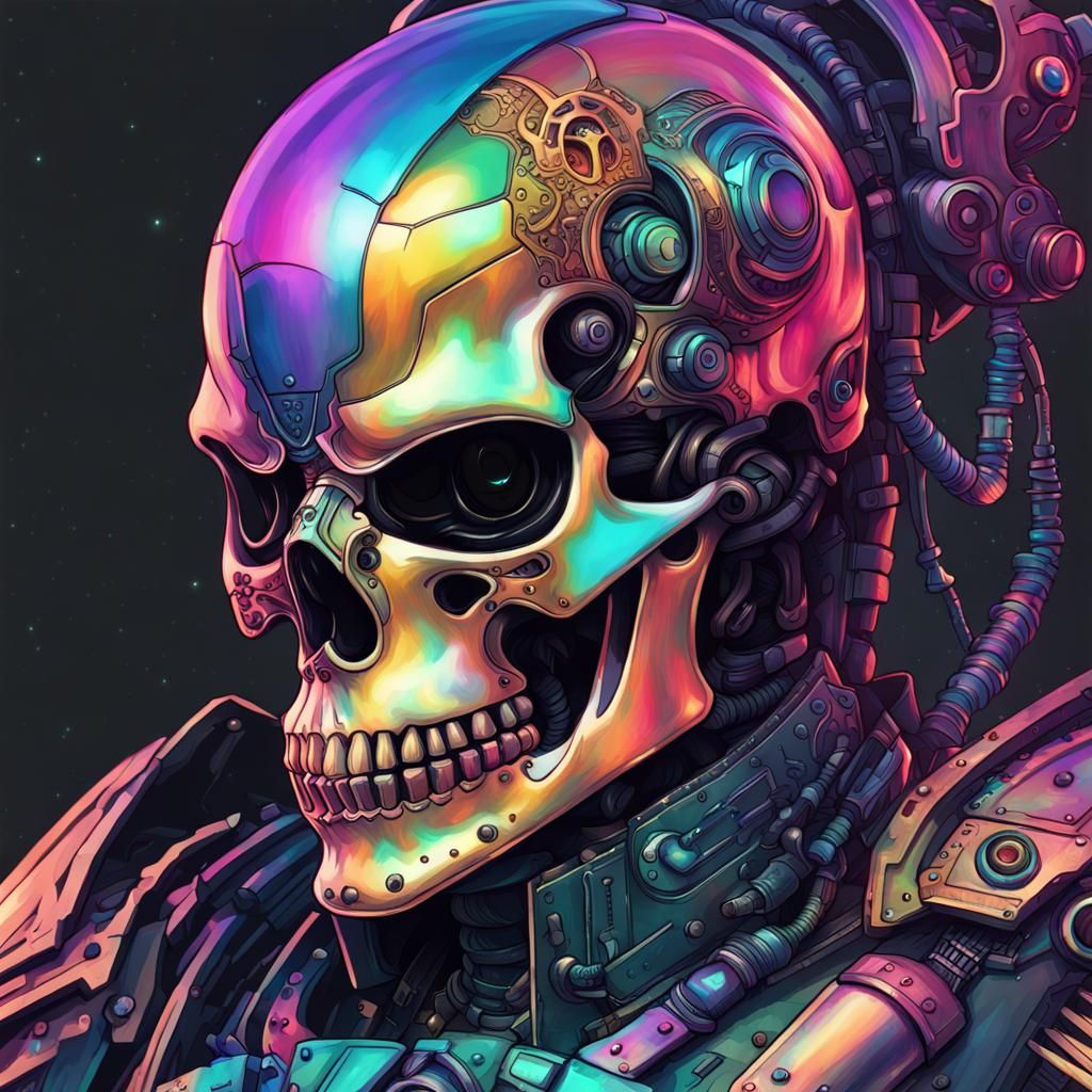 Cyberpunk Skull with Iridescent Armor Digital Drawing