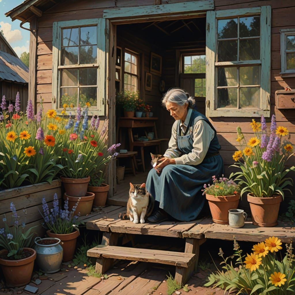 Elderly Woman Surrounded by Wildflowers in a Quaint Village ...