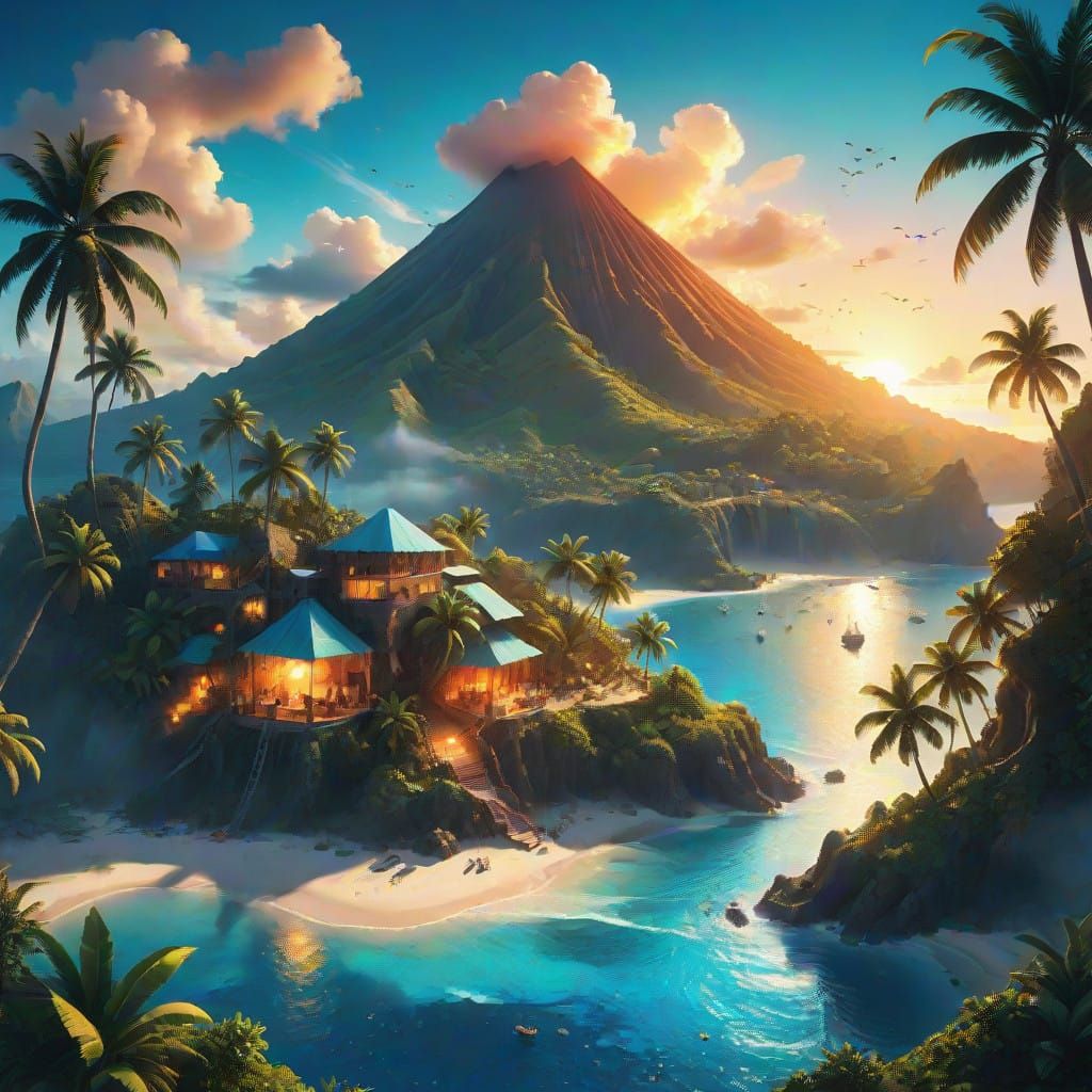 Hypermaximalist Tropical Island Volcano Town at Golden Hour