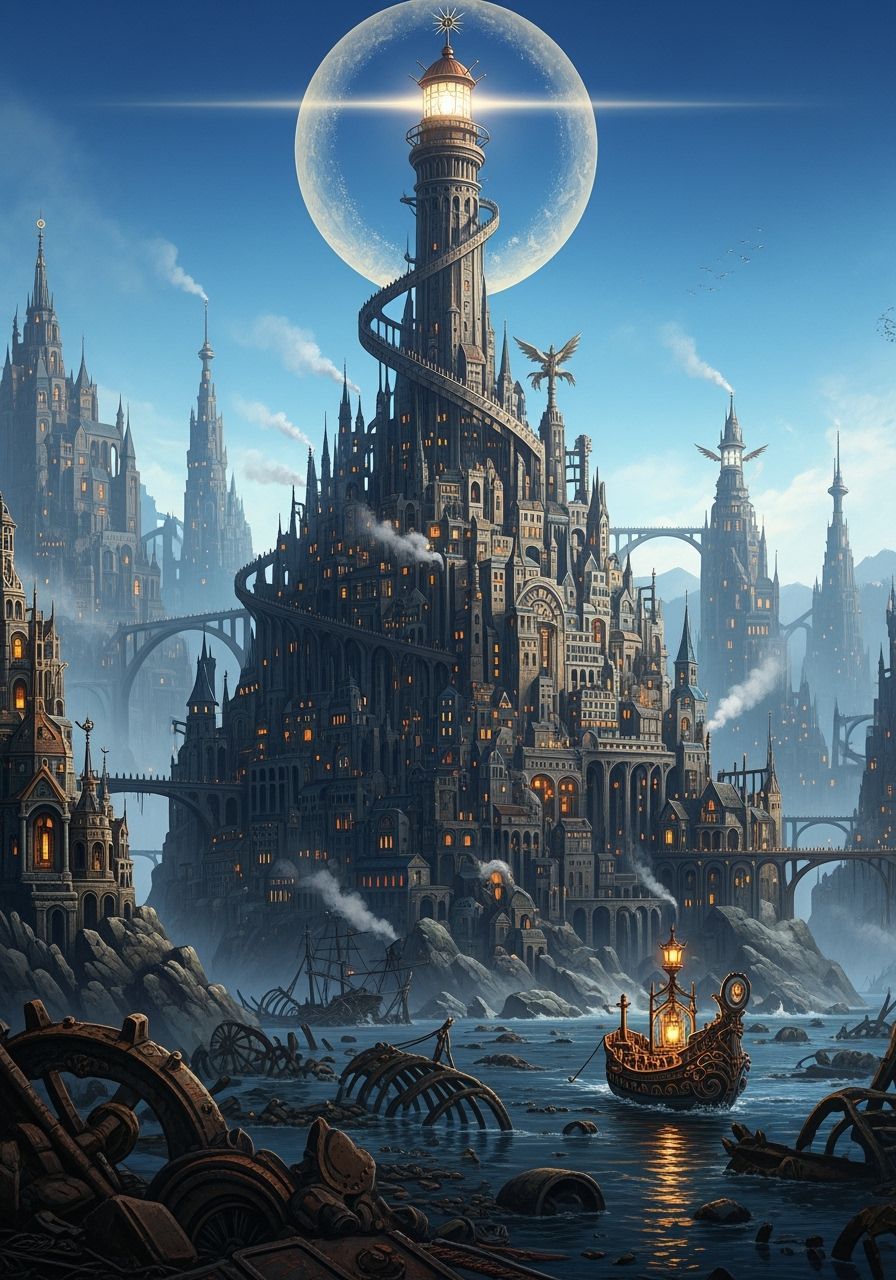 Mystical Lighthouse City Architecture in Gothic Style