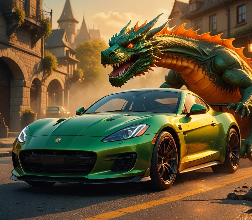 Orange Car Transforms into Green Dragon Reptile