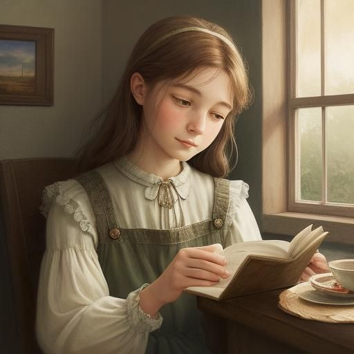 Cozy Folk Art Portrait: Girl Listening to Mother