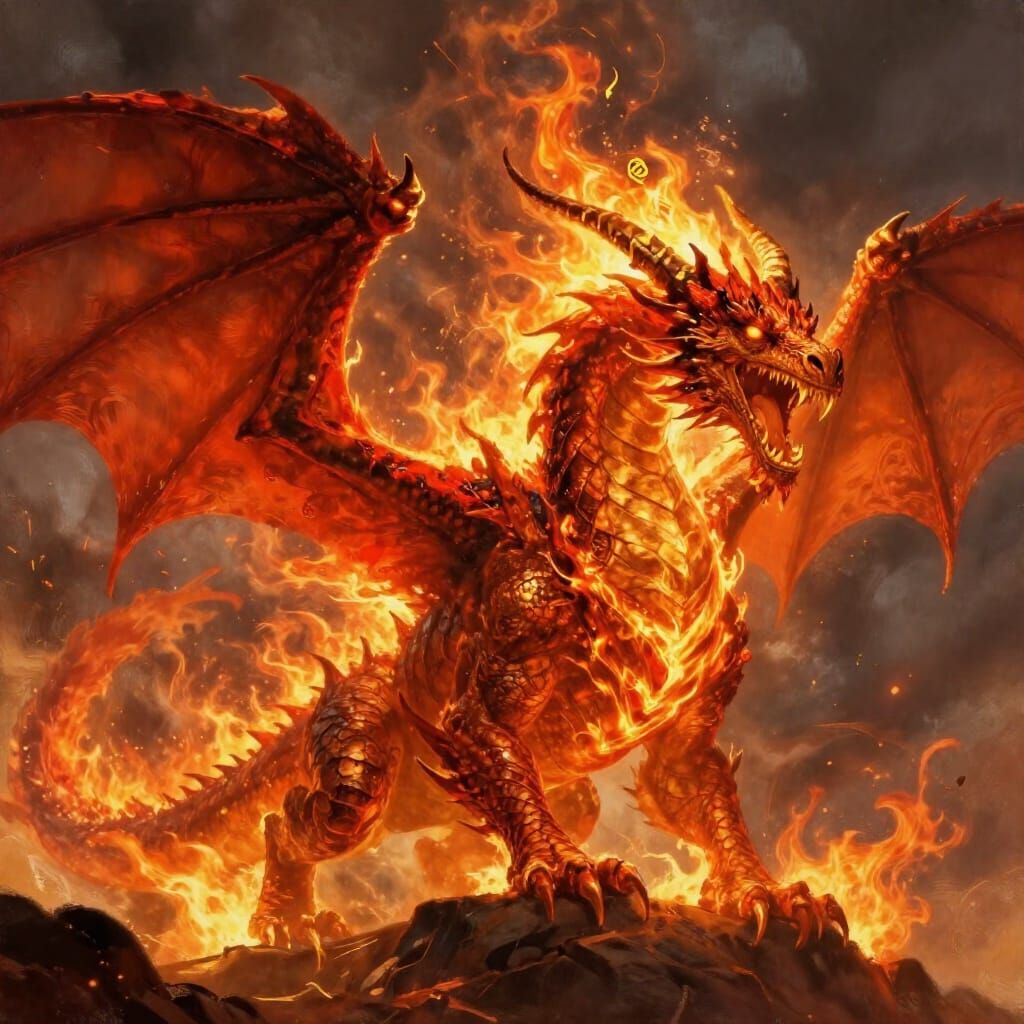 Colossal Fiery Dragon with Horn Rune in Epic Digital Paintin...