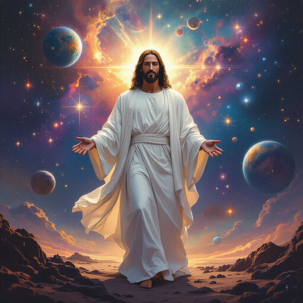 Jesus in Vibrant Galaxy, Cosmic Scenery