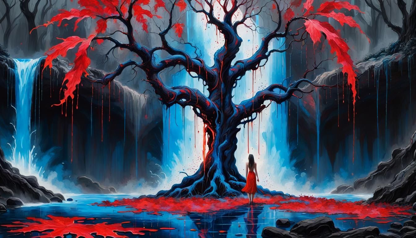 Ancient Tree with Red Leaves and Neon Waterfall