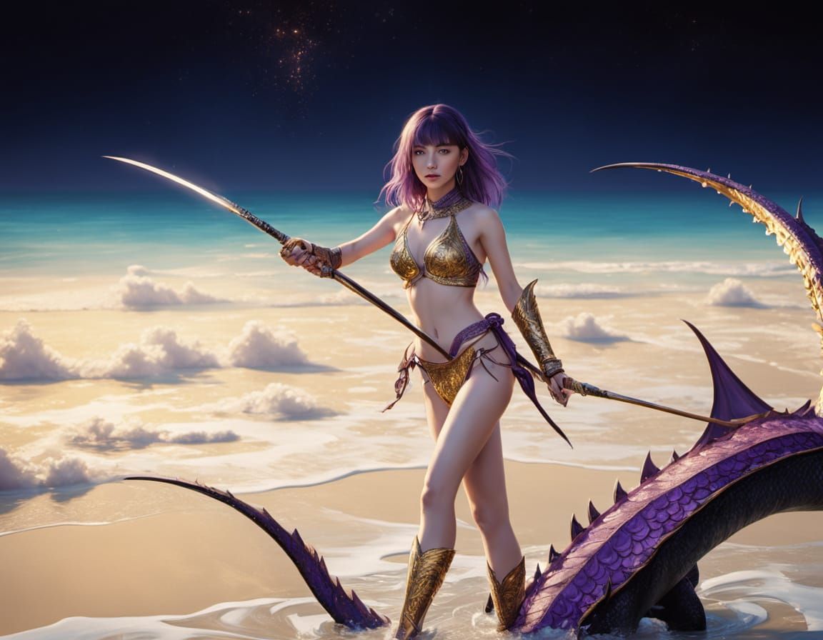 Ethereal Fantasy Dragon Rider in Vibrant Purple and Gold Arm...