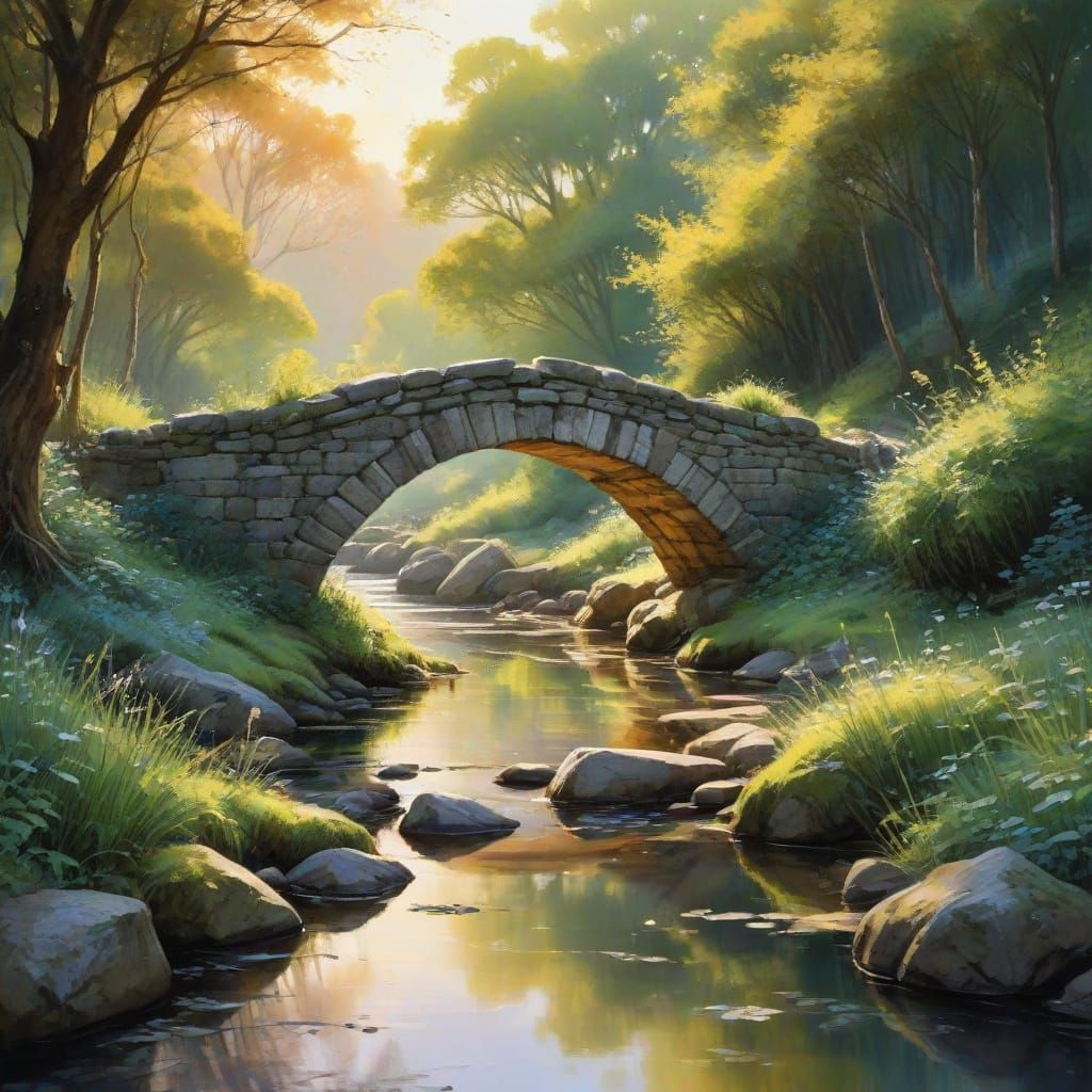 Ancient Stone Bridge in Watercolour with Bioluminescent Ligh...