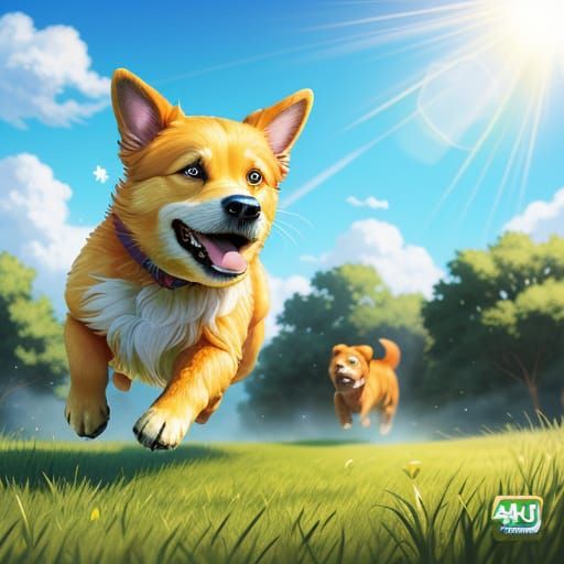 Vibrant Cartoon Dog Running in a Lush Park