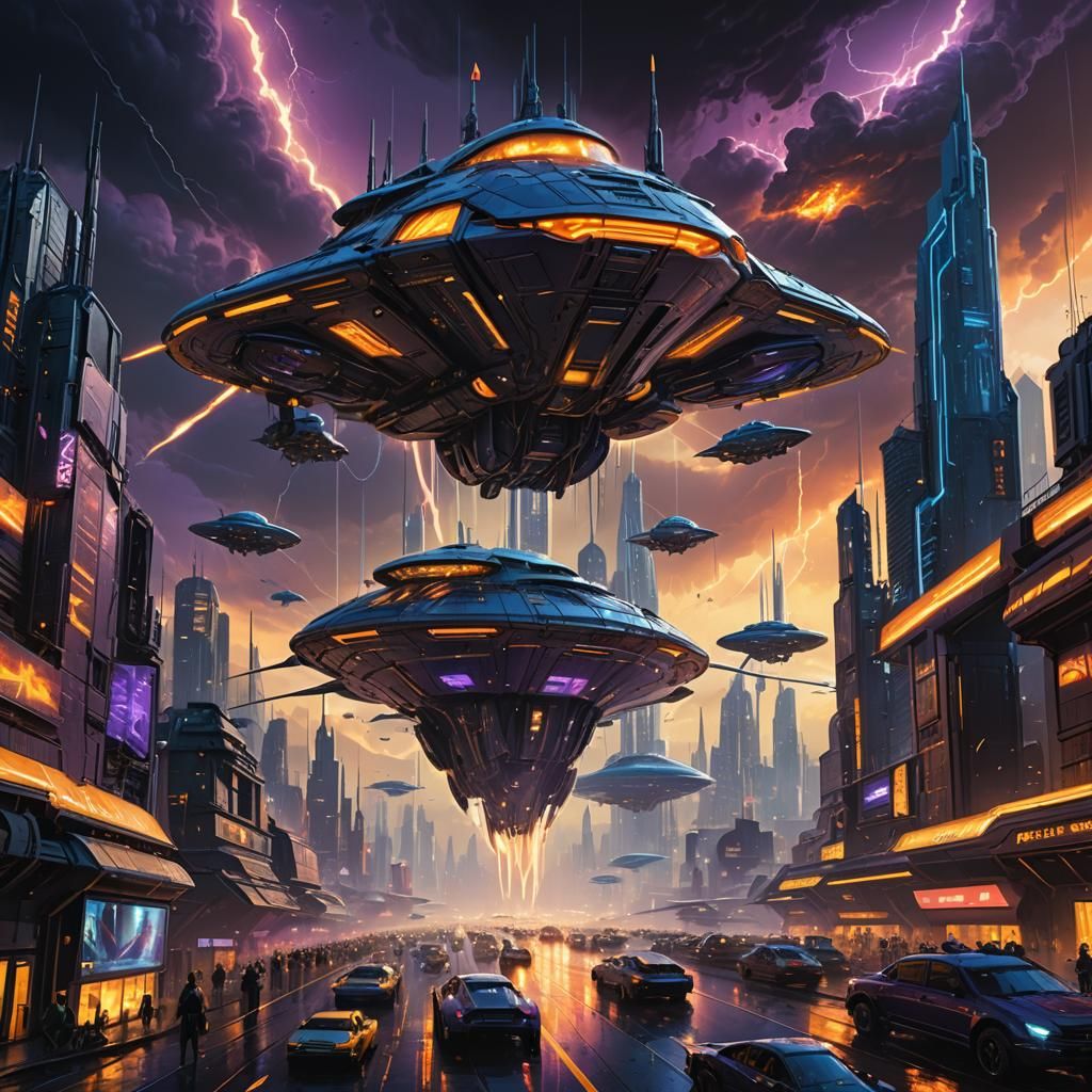 Futuristic City Under Alien Armada Attack