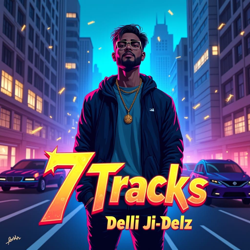 Album Cover: Rapper in Neon Cityscape at Dusk