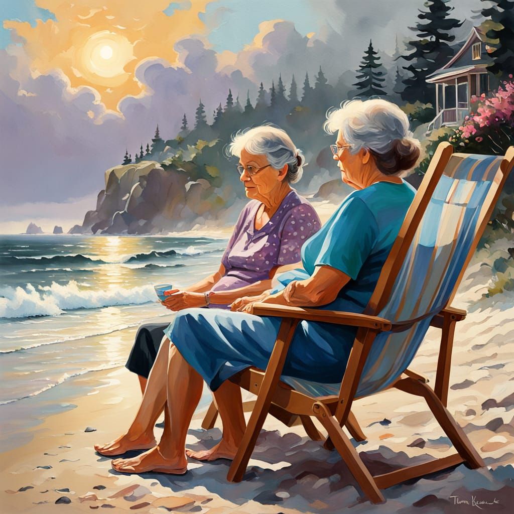 Grandmother and Granddaughter at the Beach in Gouache