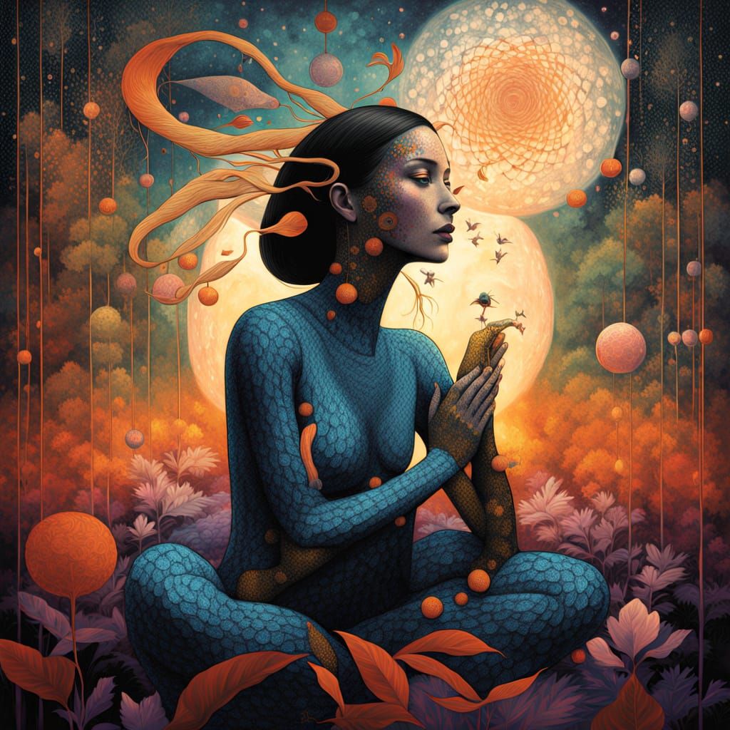 Surreal Woman in Trance Forest, Bio-Art Collage