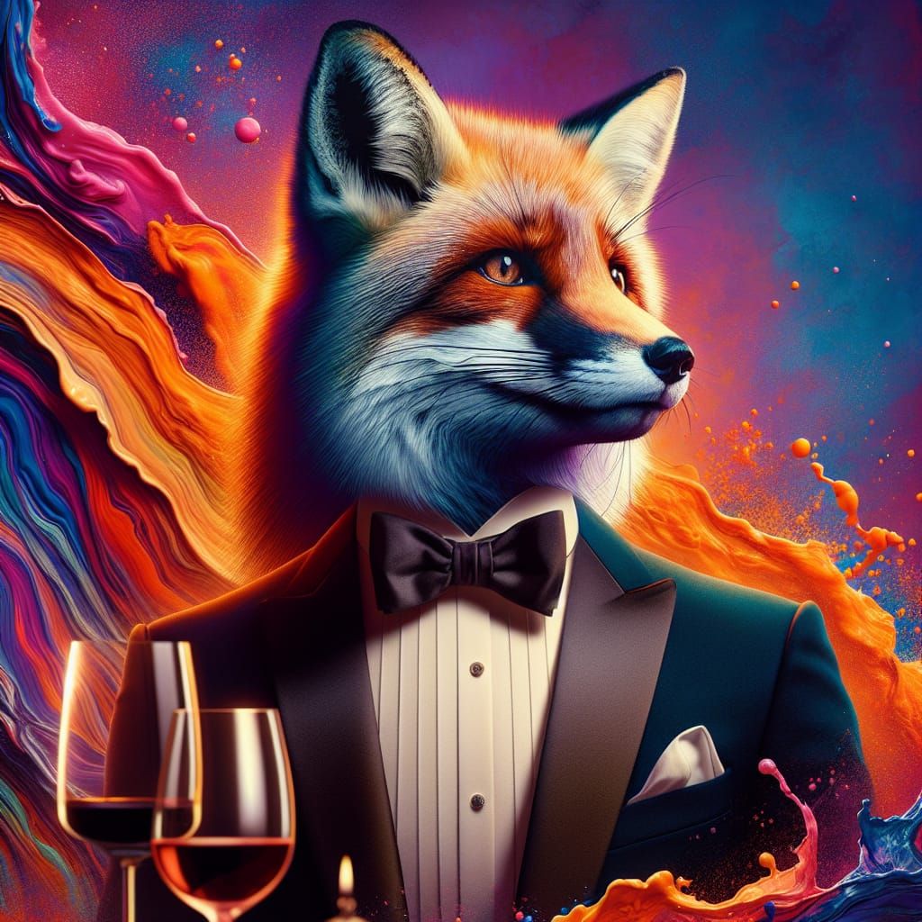 Anthropomorphic Fox in Tuxedo at Fancy Dinner Party