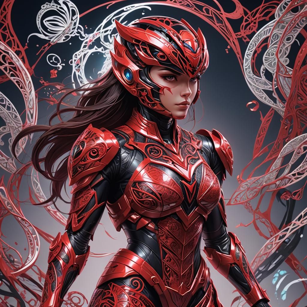 Bioluminescent red Power Ranger Zentangle girl