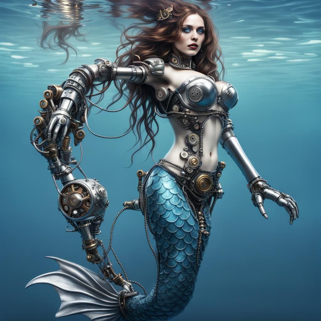 Steampunk Robotic Mermaid Swimming in Blue Water