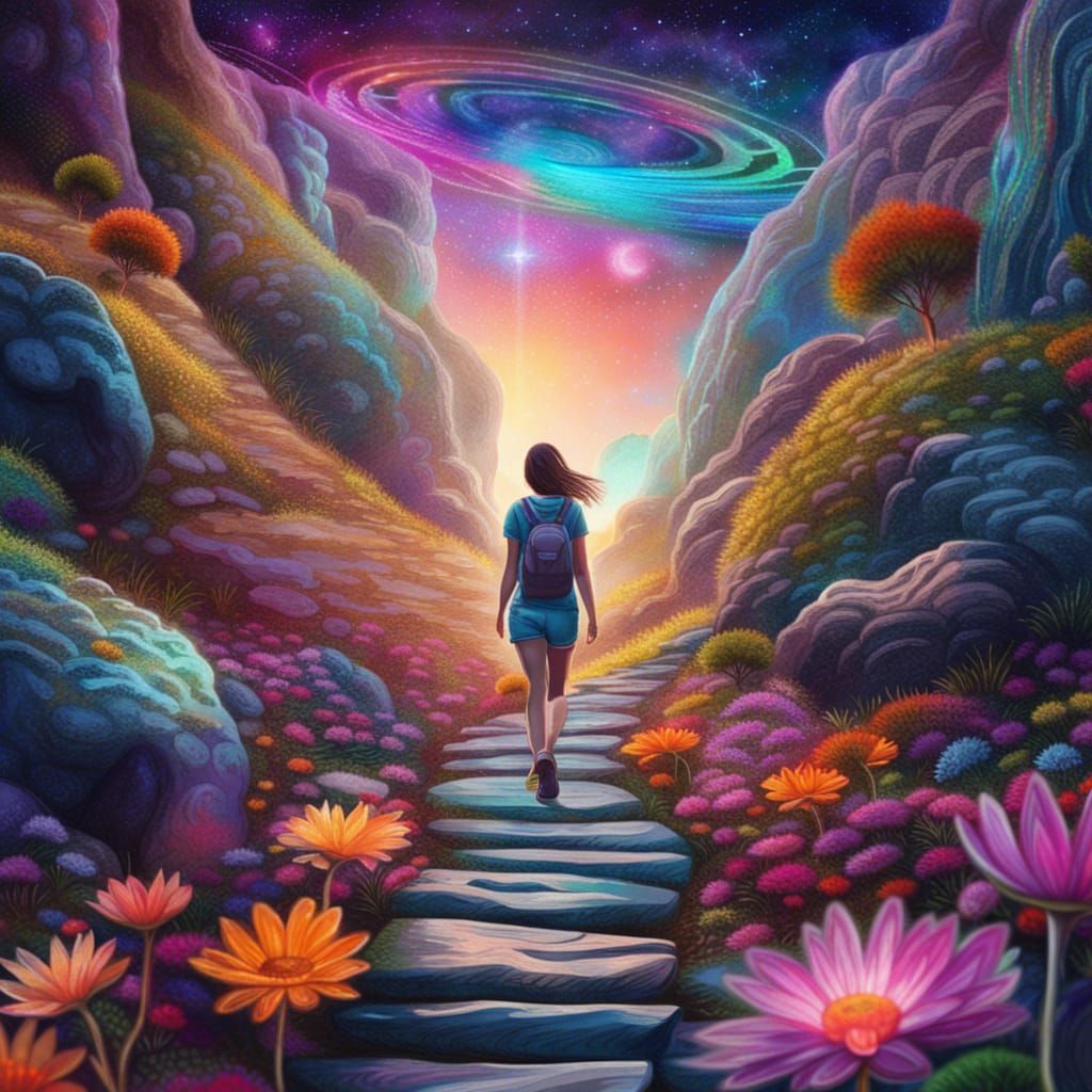 Girl on Floral Path: Holographic Cosmic Illustration
