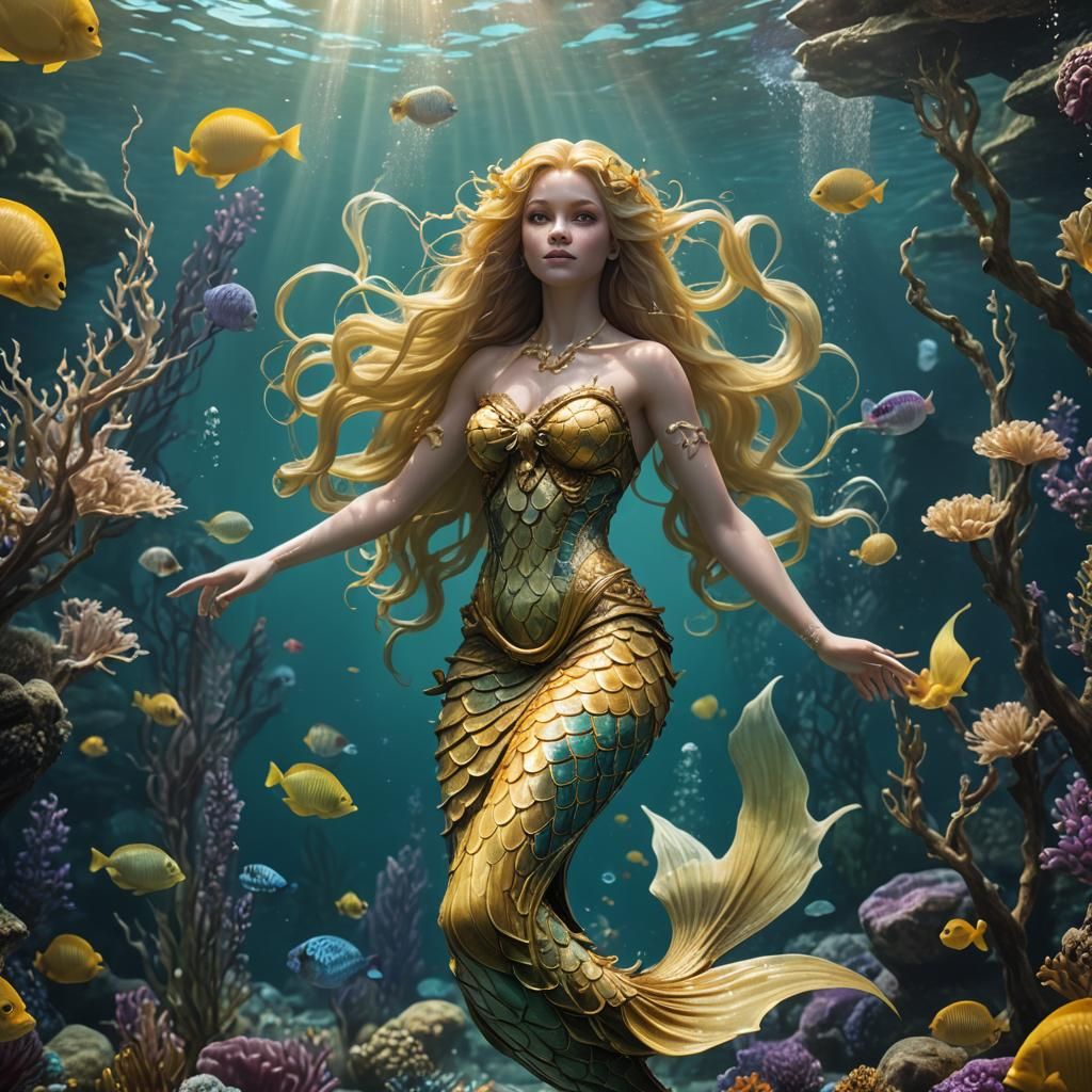 Realistic Pale Yellow Mermaid Underwater in Detailed Matte P...