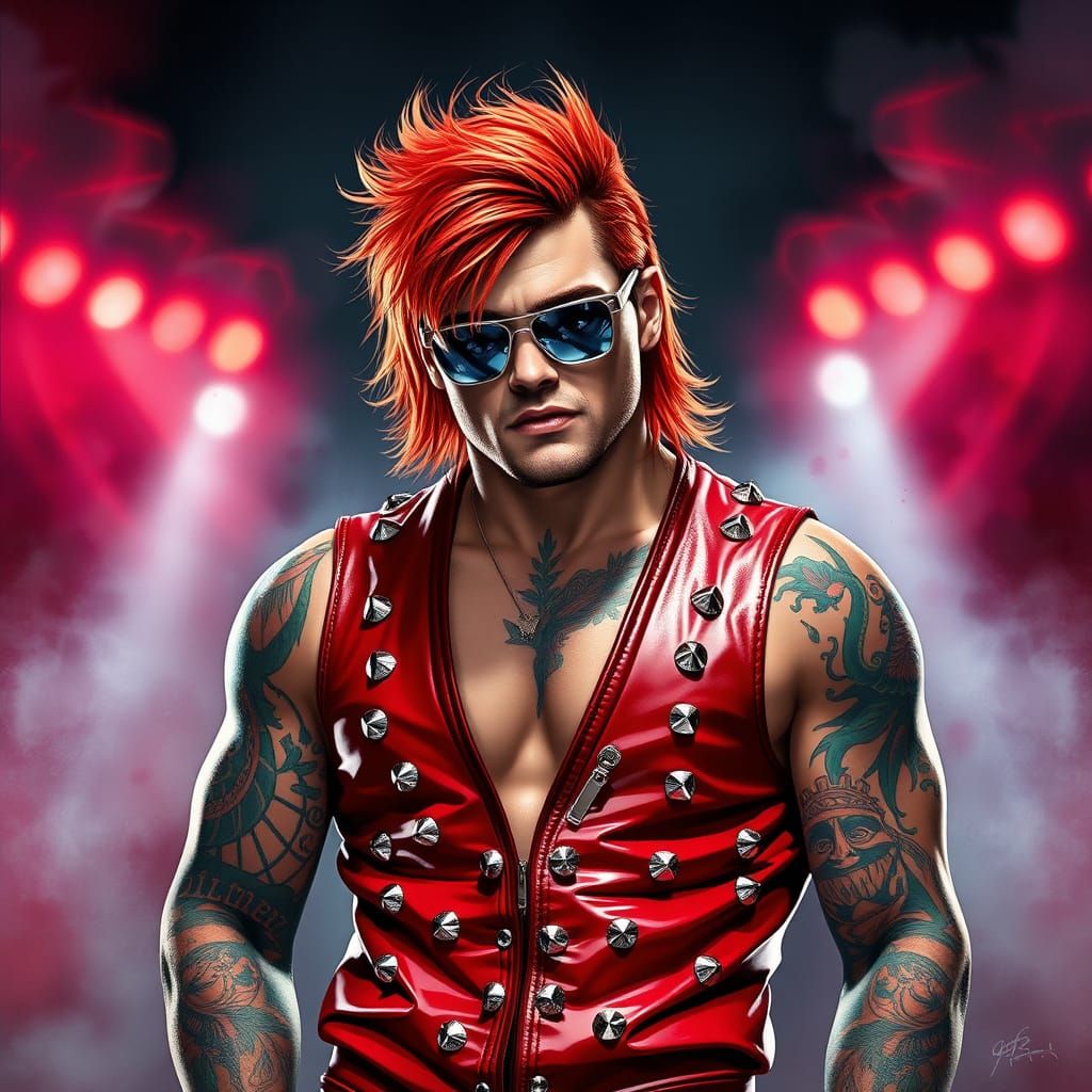 Tattooed Wrestler in Bold Red Leather Outfit